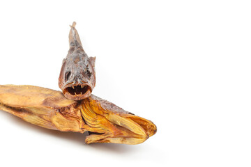 Smoked fish isolated on white background. Pike perch, River fish. 
