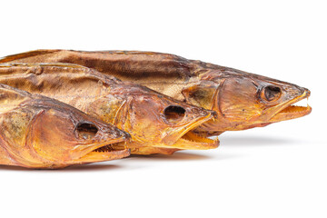 Smoked fish isolated on white background. Pike perch, River fish. 