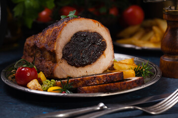 Whole roasted pork loin stuffed with dried plum
