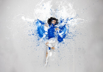 sexy, seductive, alluring woman in underwear, sportswear, artistically abstract painted with blue...