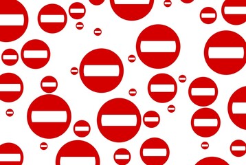 Background, banner and wallpaper for design. The do not enter road sign symbol is positioned at different angles, chaotically on a white background. Pattern. 3d