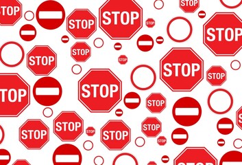 Background, banner and wallpaper for design. The symbol road sign stop at intersection, do not enter, no motor vehicles are located at different angles, chaotically on a white background. Pattern. 3d