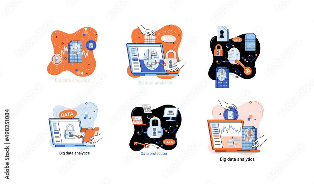 Poster big data analytics platform, data management and protection creative metaphor set abstract concept. 