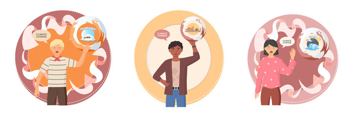 Global warming, climate change metaphor, natural disaster, deforestation, global heating, air pollution. Environmental accident on planet, ecological catastrophy warning icons world problem destroys