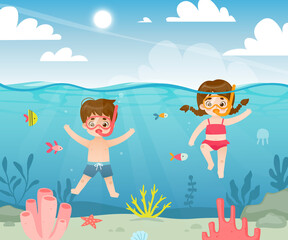 Cute children diving in the tropical sea. Cartoon kids snorkeling underwater. Adorable diver babies. - obrazy, fototapety, plakaty