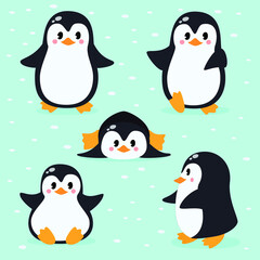 Vector set of cute funny penguins. Cartoon illustration. Christmas cute penguin characters.