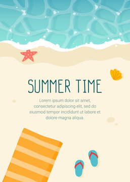 Summertime beach poster template. Paradise sea coast banner. Cartoon sand and water advertisement design.