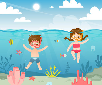 Cute children diving in the tropical sea. Cartoon kids snorkeling underwater. Adorable diver babies.