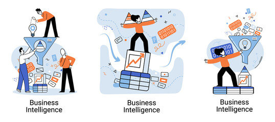 Naklejka premium Business intelligence, data analysis, obtaining analytical information for making strategic business decisions. Problem solving to get results, management tools, enterprise strategy development