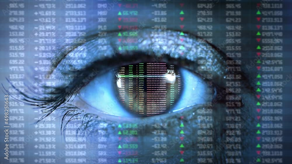 Poster digital hud interface eye flight through infographics, digital finance graph technology ui animation