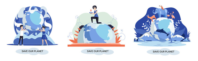 Save our planet ecological metaphor Earth day, love for native home. Sustainable gardening renewable energy. Caring for nature protecting environment stop air and water pollution, rational consumption