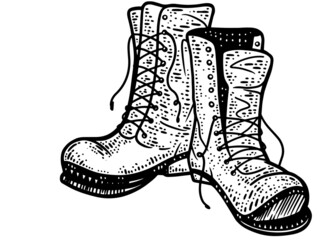 Old shabby ragged torn boots sketch engraving raster.