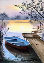 Watercolor illustration of a blue fishing boat near a wooden jetty on a lake, with reeds on the left and trees on the right
