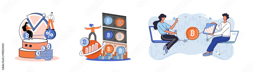 Poster cryptocurrency bitcoin mining metaphor blockchain exchange platform. cyber banking procedures, bitco