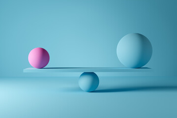 Big blue ball and small pink ball balancing on a scale. Power balance or harmony - obrazy, fototapety, plakaty