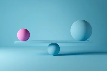 Fotobehang Big blue ball and small pink ball balancing on a scale. Power balance or harmony © Cagkan