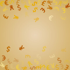 Fototapeta na wymiar Euro dollar pound yen golden icons scatter money vector illustration. Marketing backdrop. Currency