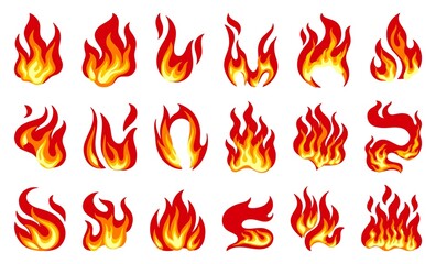 Cartoon fire. Fire power element, spreading flames and hot symbol, flame red logo. Vector isolated set