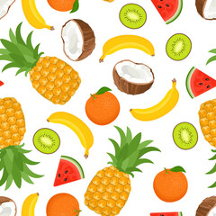 Tropical fruits background. Seamless vector pattern with pineapples, coconuts, oranges, bananas, kiwi and watermelon slices. Cartoon flat illustration.