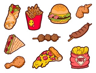 Unhealthy food. Cartoon junk food with hot dog burger and sweet drinks. Vector food set