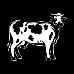 Cow on a black background. Animal husbandry, cattle breeding. Farm product. Natural milk, butter, yogurt.