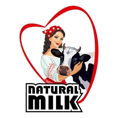Natural milk. Girl with a cow. The emblem for the dairy. Vector illustration.