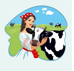 Girl with a Holstein breed of cow. Cows graze in a meadow. Vector illustration for dairy products.