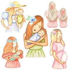 Motherhood , watercolor illustrations on white background.