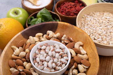 High angle view of various healthy food on table, copy space