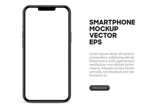 Realistic black color smartphone mockup isolated with transparent screens. Smart phone mockup collection. Device front view. 3D mobile phones with shadow and white background.