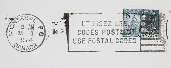 briefmarke stamp vintage retro alt old gebrauch used gestempelt cancel papier paper slogan werbung canada kanada montreal 1974 use postal codes postleitzahl benutzen 8