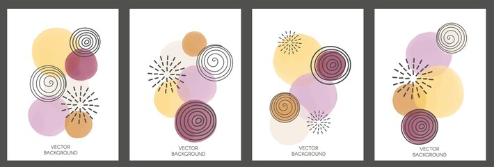 Set of Abstract backgrounds with watercolor stain and Hand Drawn doodle Scribble Circle. Vector.