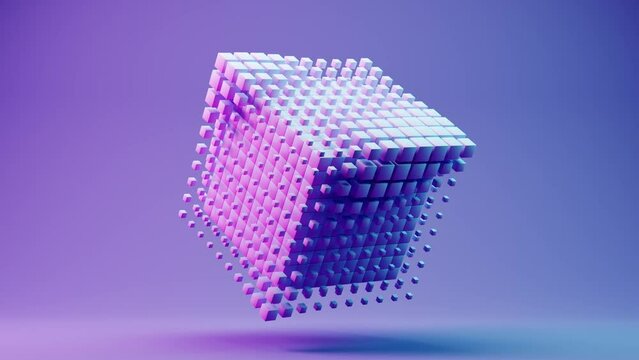 3d render of geometric cube with particles. Abstract loop animation in neon colors. Metaverse big data and blockchain concept
