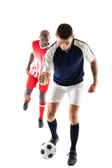 Fototapeta na wymiar Full length of young male multiracial competitors playing soccer against white background