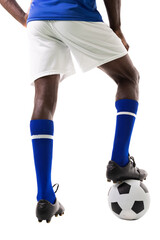Low section of young african american male soccer player stepping on ball over white background