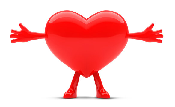 3d red heart vector illustration. Heart shaped mascot with arms open wide.