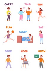 Children action verb. Child character learning read english mechanisme, kid everyday activities, exercise education on study card carry eat cook sleep, splendid vector illustration