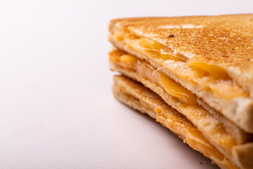 Fototapeta na wymiar Close-up of fresh cheese toast sandwich served by copy space on white background