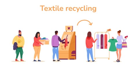 People recycle clothes. Recycled cloth from wardrobe for selling fashion textile, donate clothing recycling fabric, vector illustration