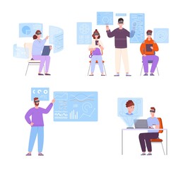 Vr workplaces. Workplace future virtual meeting digital work simulation, cyberspace business company futuristic job teamwork ar devices data research, splendid vector illustration