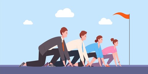 Corporate run positioning. Business competition ready to start, beginning race office rivalry competitor challenge executive worker sprint track line, splendid vector illustration