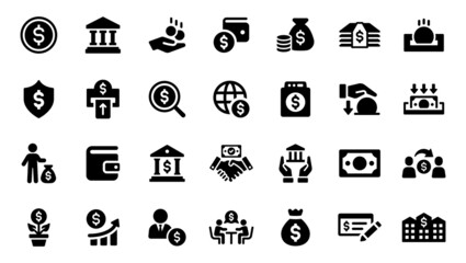 Business finance icon set. Containing bank, deposit, investment and banking service icon in black design. - obrazy, fototapety, plakaty