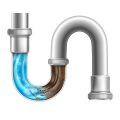 Realistic drain pipe. Clogging plumbing 3d pipes under sink or sewerage, liquid cleaner for unclog toilet drains, clean water block in dirt piped drainage tidy vector illustration - obrazy, fototapety, plakaty
