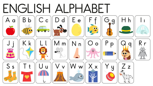 English alphabet illustrated dictionary.  English alphabet illustrated dictionary for children.  Illustrated English alphabet flash cards.