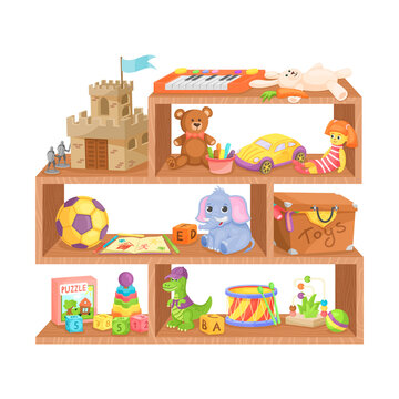 Kids toys shelves. Wooden toy shelf store, kid shop plastic doll plush bear child ball dinosaur stuff animals, set exact vector cartoon isolated object