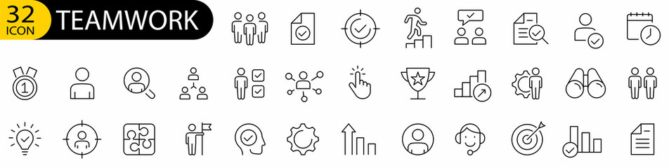 Fototapeta na wymiar Business teamwork icon set. Team Work, people, support, business. Team building, work group and human resources minimal thin line web icon set.
