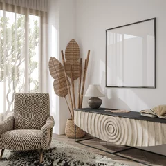 Printed roller blinds Boho Style Frame mockup in home interior with ethnic boho decoration, 3d render