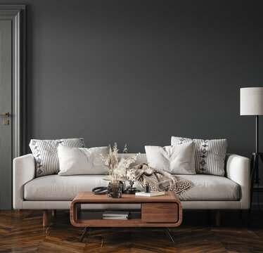 Home interior, modern dark living room interior, black empty wall mock up, 3d render