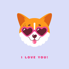 Cute corgi face with heart shaped sunglasses and I Love You quote. Stylish vector print isolated on clean background. Funny dog illustration for valentines day card, poster or romantic t-shirt design - 498261012