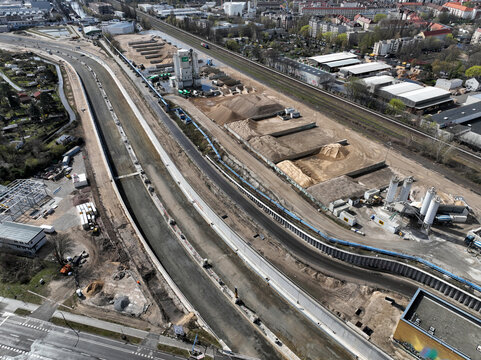 Aerial view of construction site for the A100 city highway in Berlin